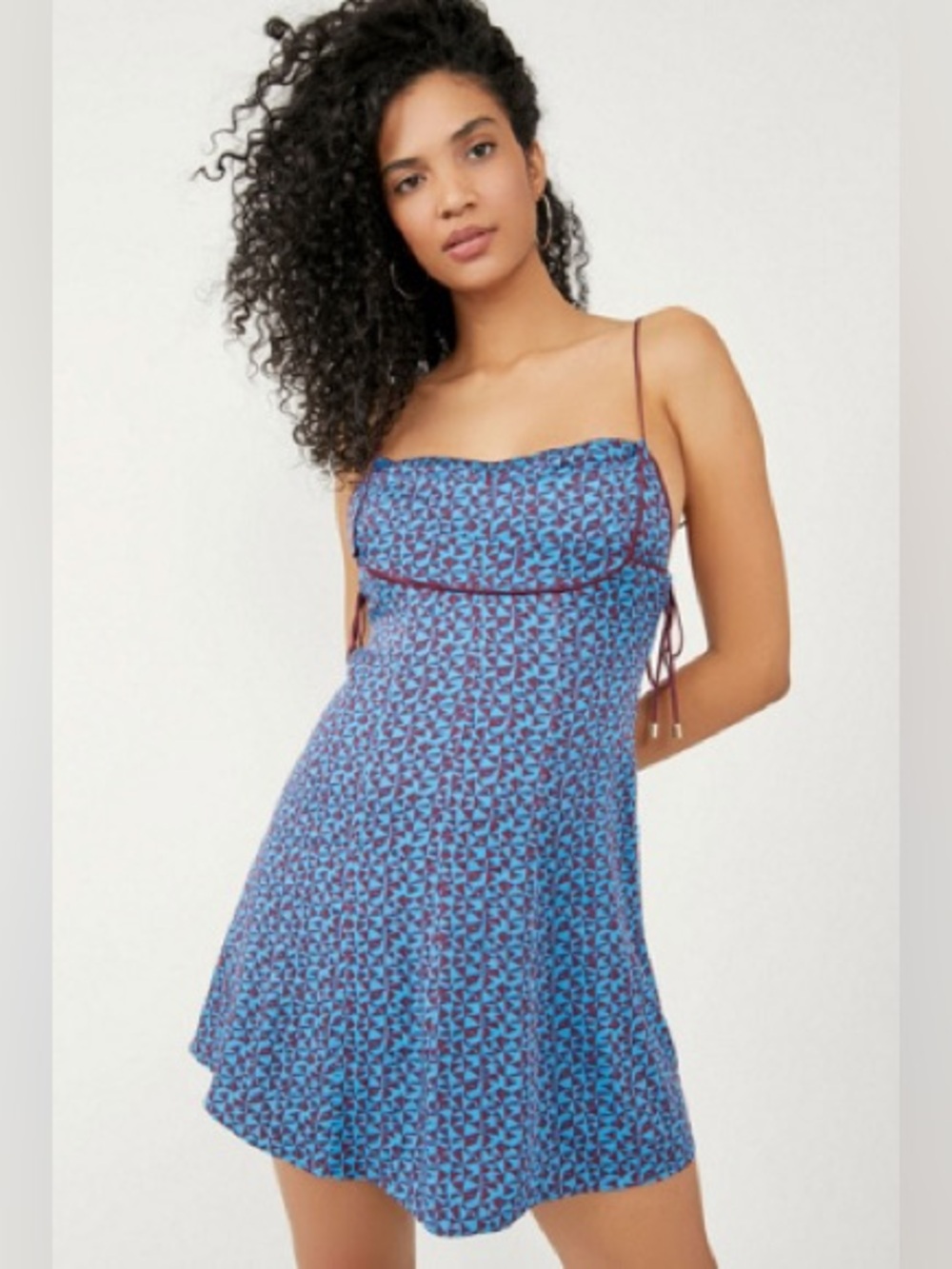 Free People Kai mini dress blue combo slinky cowl neck dainty skinny straps